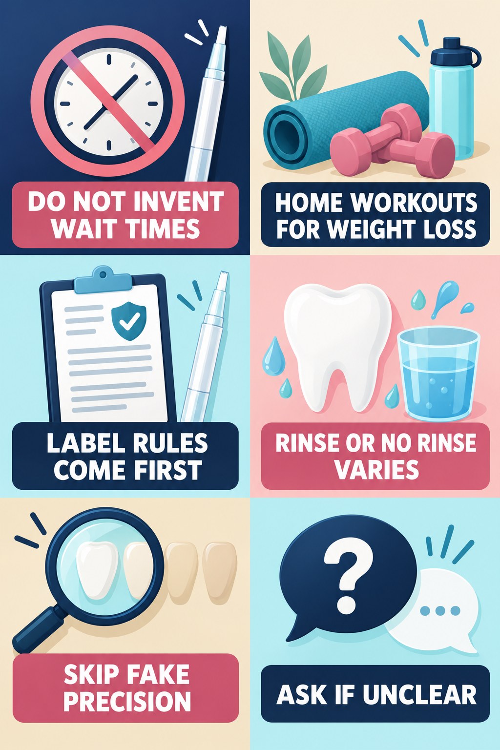 Food-and-Drink Rules After a Whitening Pen infographic for Home Workouts for Weight Loss with four concise whitening-gel-pen safety points.