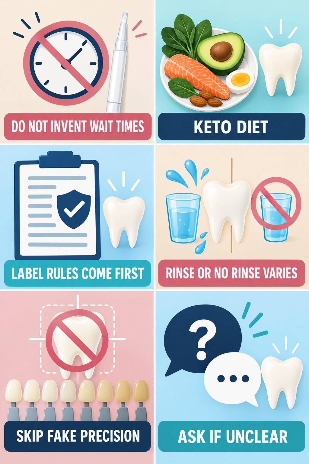 Food-and-Drink Rules After a Whitening Pen infographic for Keto Diet with four concise whitening-gel-pen safety points.