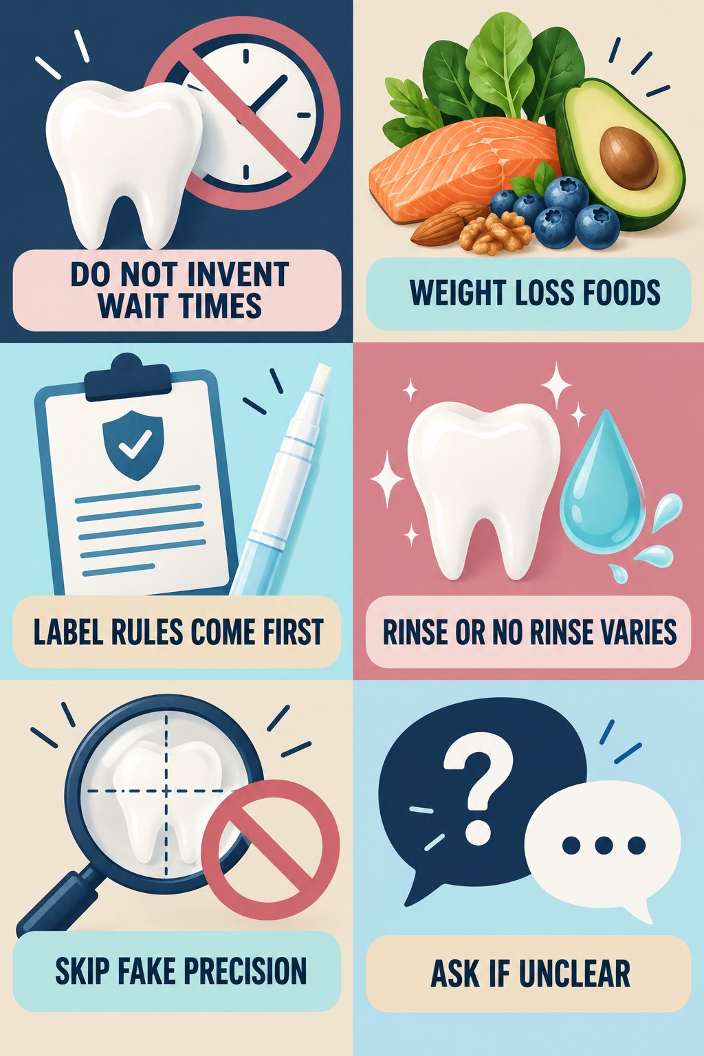 Food-and-Drink Rules After a Whitening Pen infographic for Weight Loss Foods with four concise whitening-gel-pen safety points.