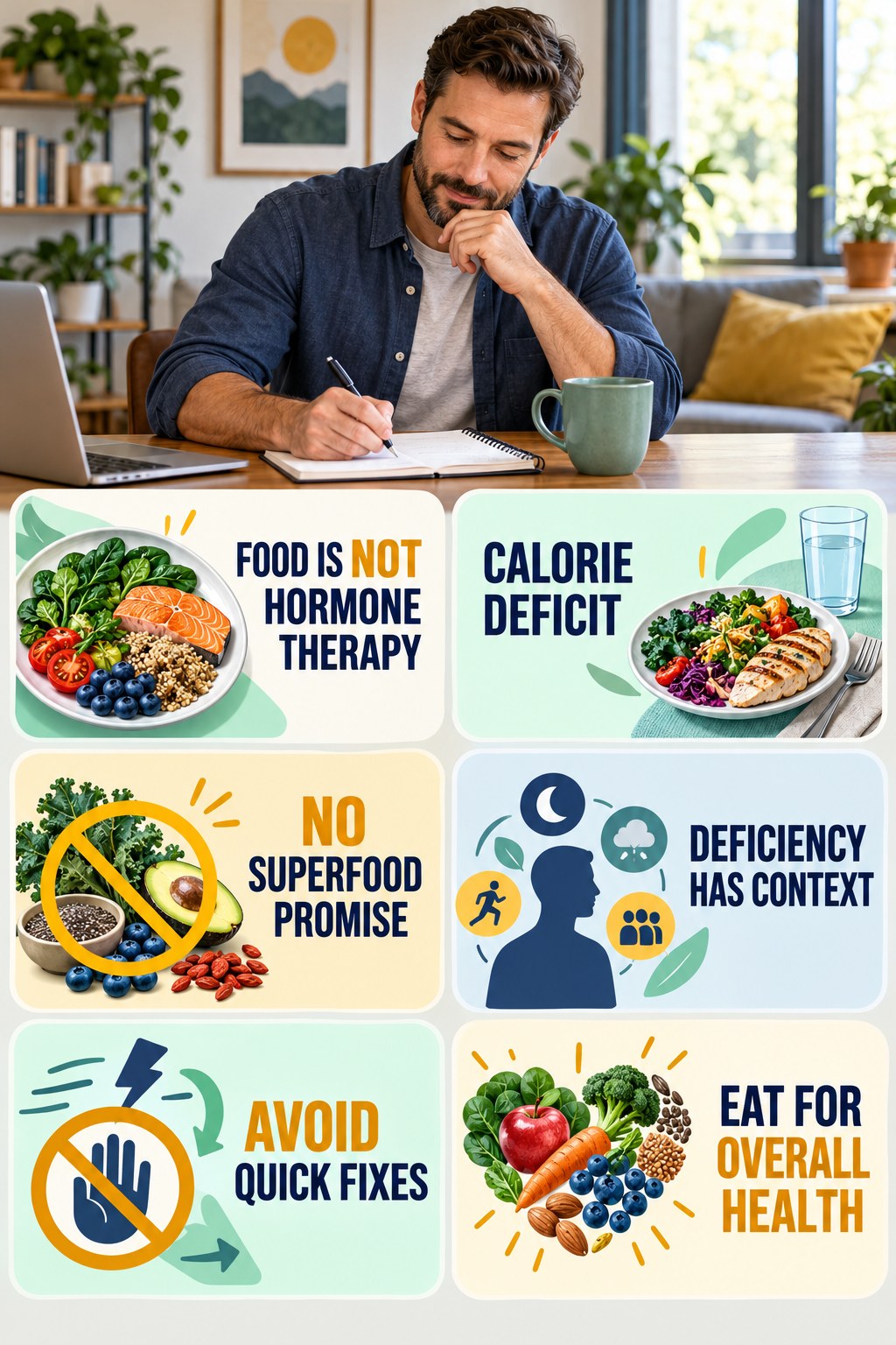 Food Is Not Testosterone Therapy testosterone-health-awareness infographic for Calorie Deficit with four concise educational checks.