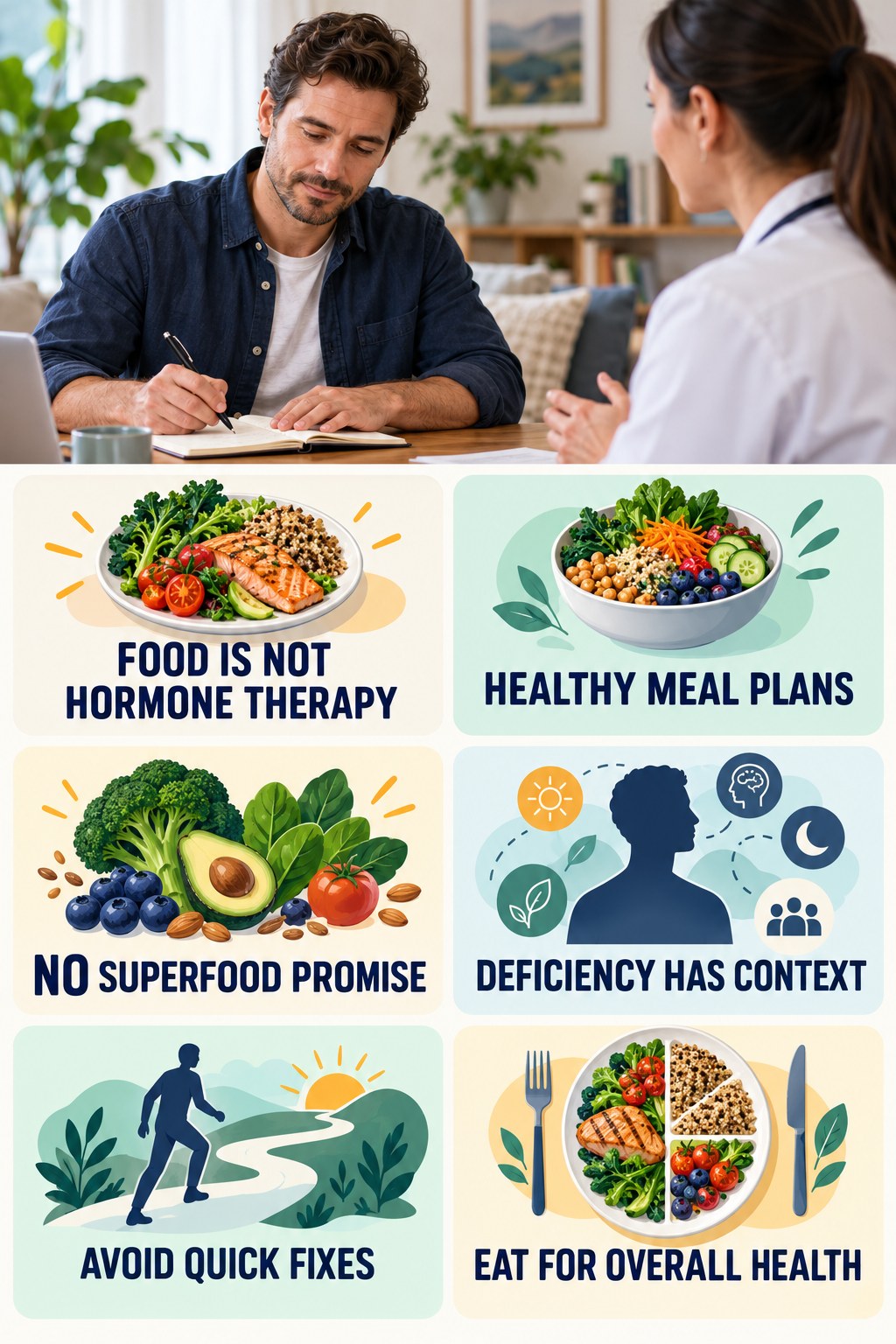 Food Is Not Testosterone Therapy testosterone-health-awareness infographic for Healthy Meal Plans with four concise educational checks.