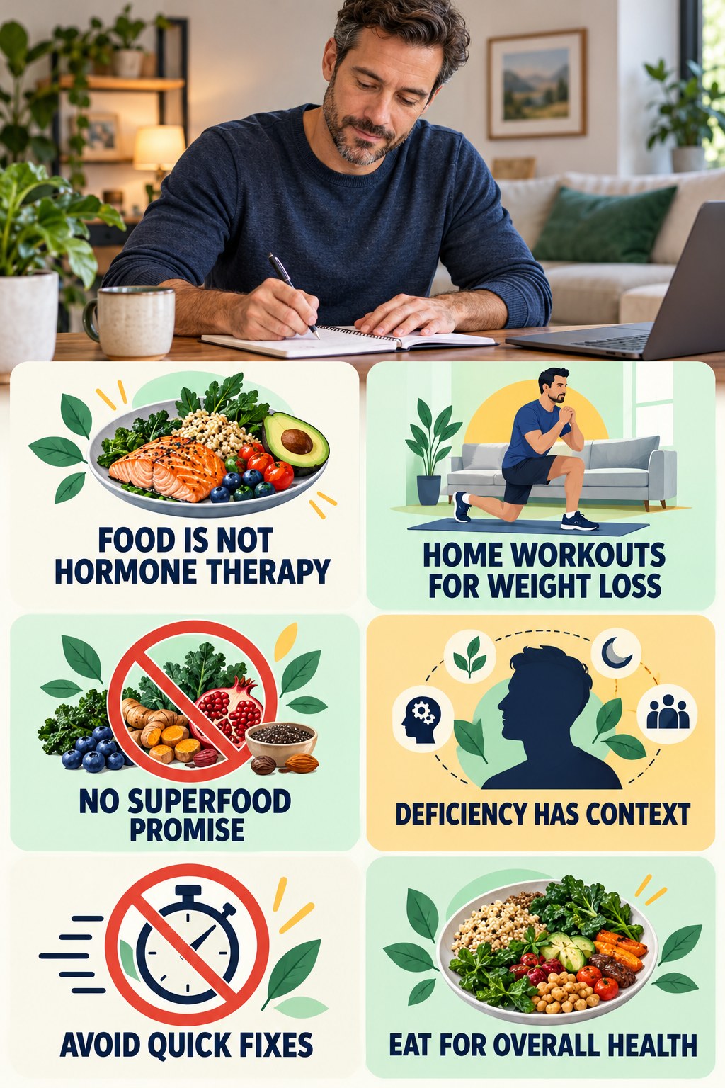 Food Is Not Testosterone Therapy testosterone-health-awareness infographic for Home Workouts for Weight Loss with four concise educational checks.