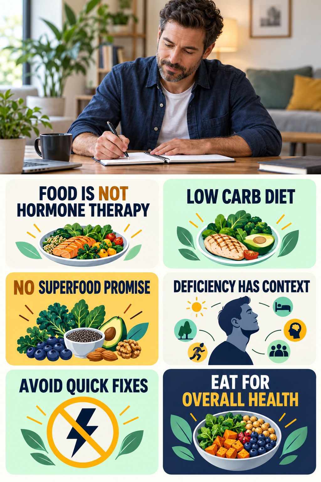 Food Is Not Testosterone Therapy testosterone-health-awareness infographic for Low Carb Diet with four concise educational checks.