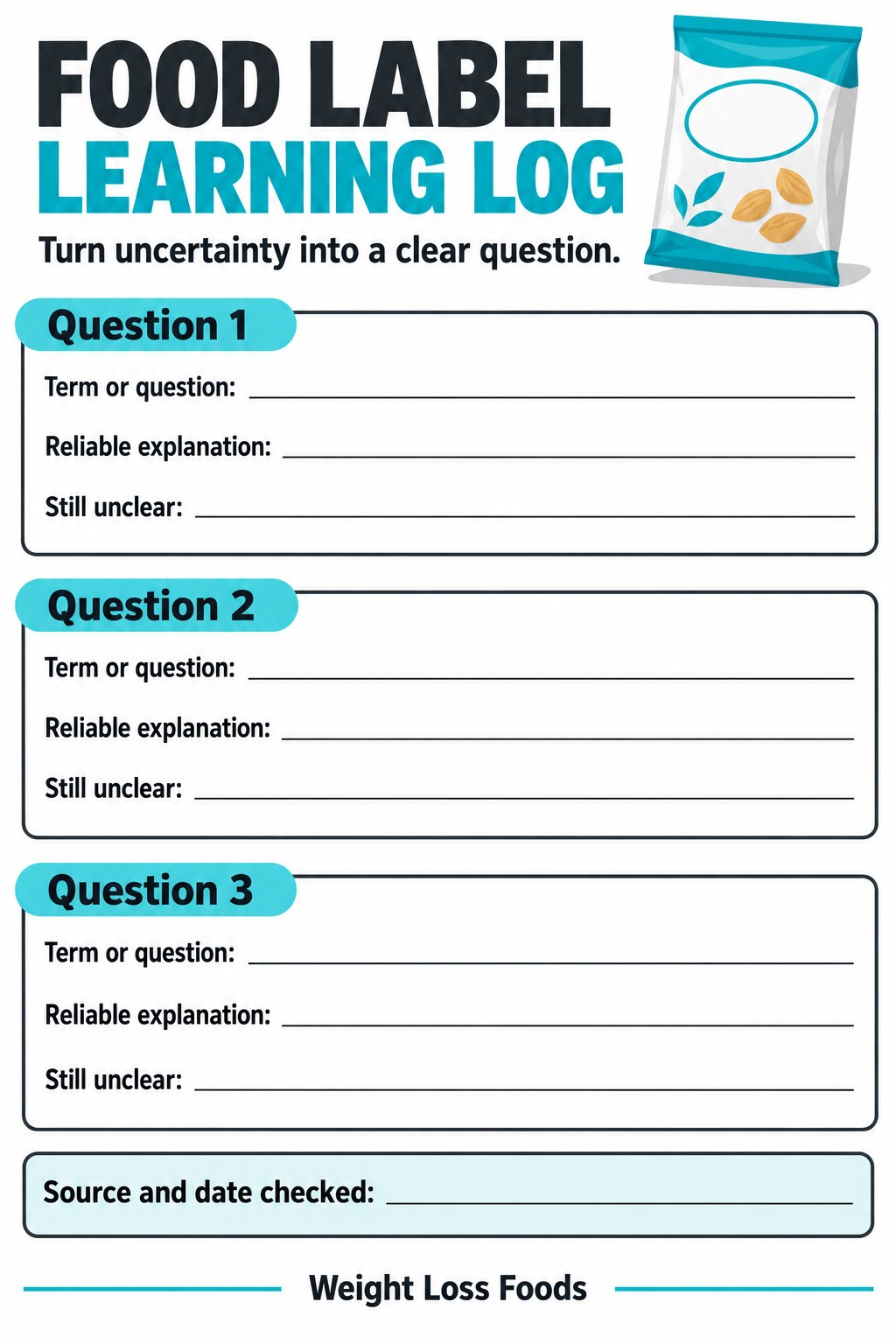 Blank food-label learning register with three question spaces and explanation fields