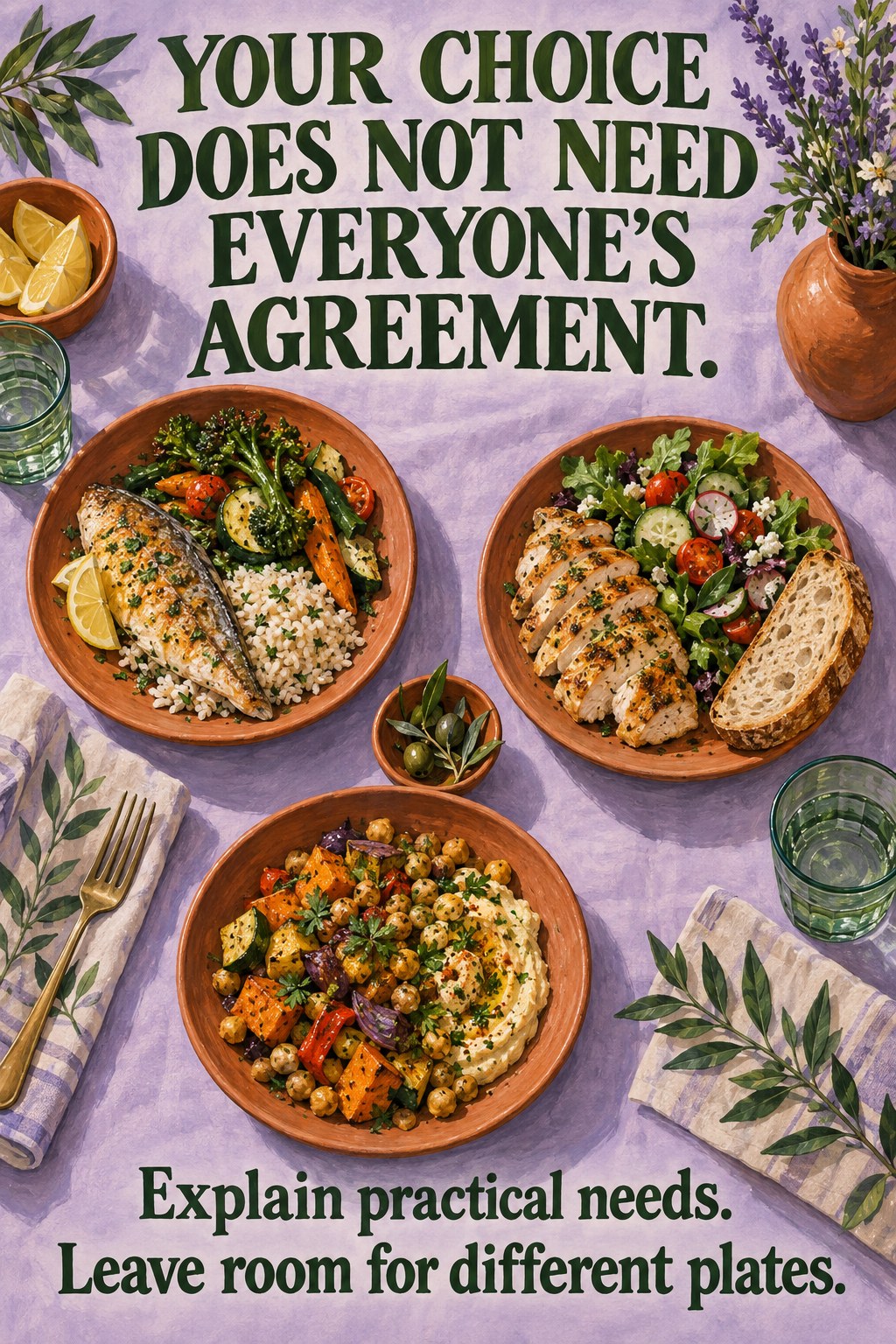 Three different meals on a shared table beneath a reminder to explain practical needs and leave room for different plates.