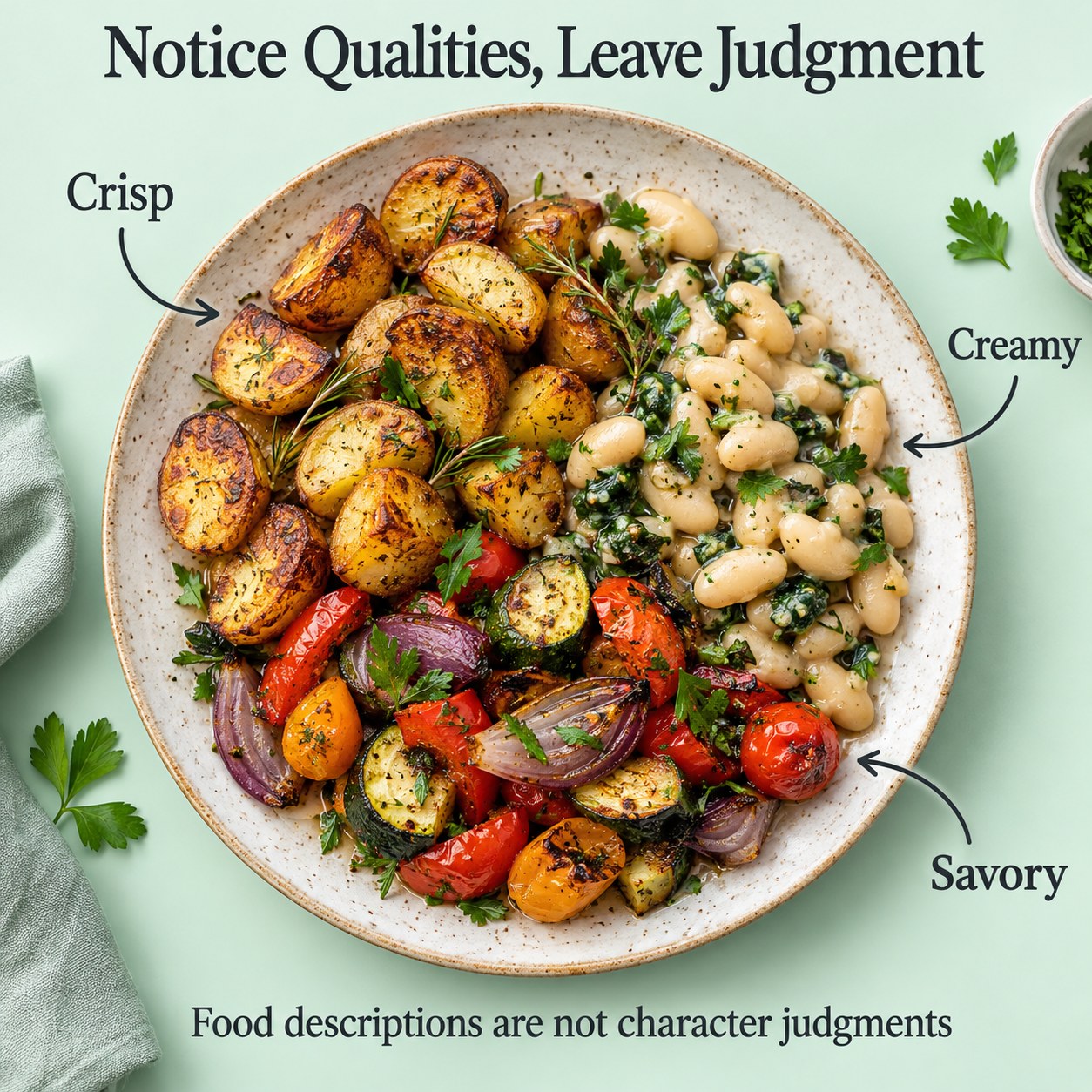 Potatoes, beans, and vegetables with descriptive words Crisp, Creamy, Savory under the headline Notice Qualities, Leave Judgment.
