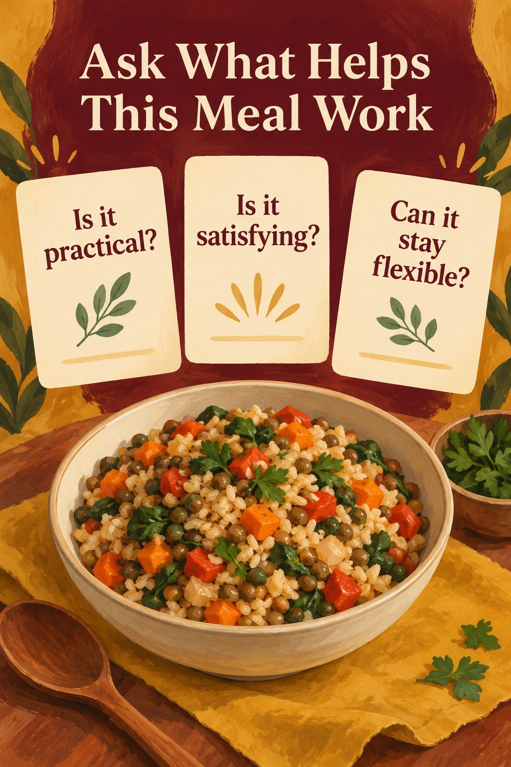Illustrated meal and question cards with the headline Ask What Helps This Meal Work.