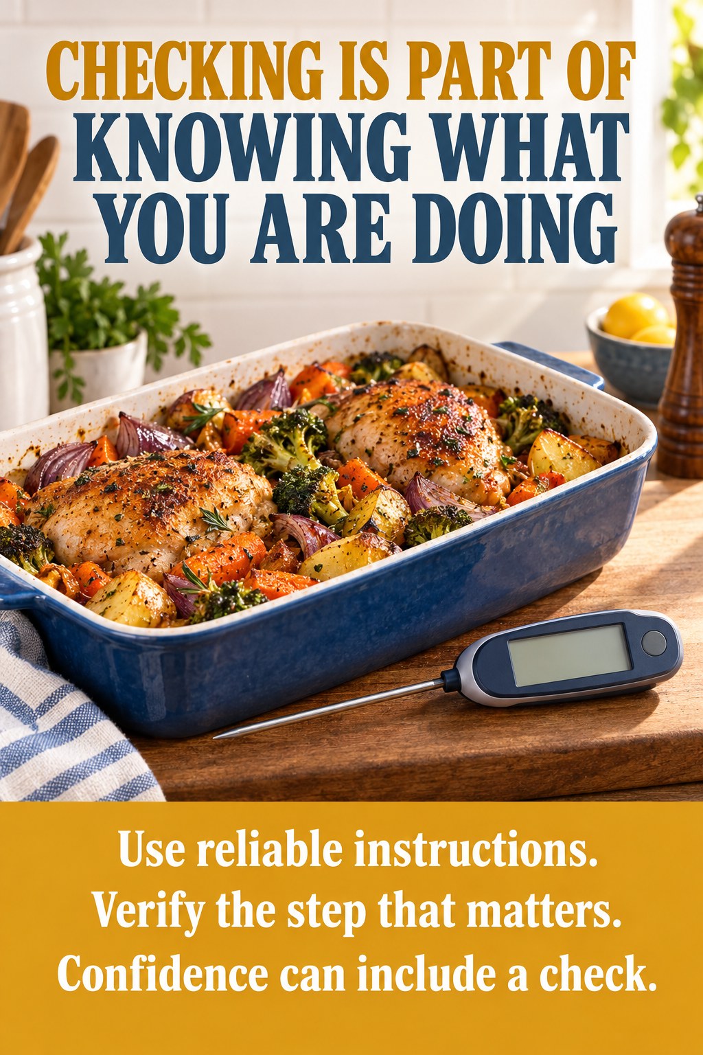 Cooked chicken in a baking dish with a food thermometer nearby and a reminder that checking is part of cooking competence.