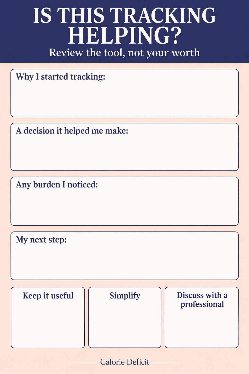 Blank tracking usefulness worksheet with purpose, benefit, burden, and next-step fields