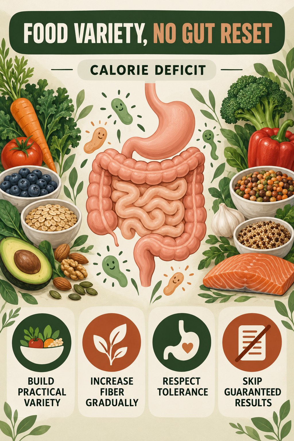 Food Variety Without Gut-Reset Promises educational infographic for Calorie Deficit with four evidence-aware points.