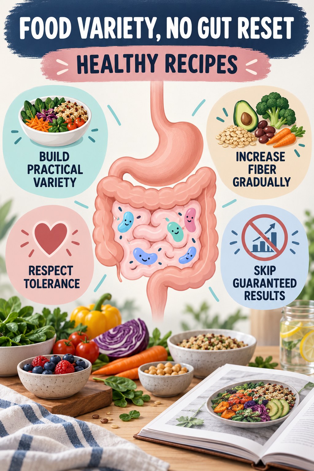Food Variety Without Gut-Reset Promises educational infographic for Healthy Recipes with four evidence-aware points.