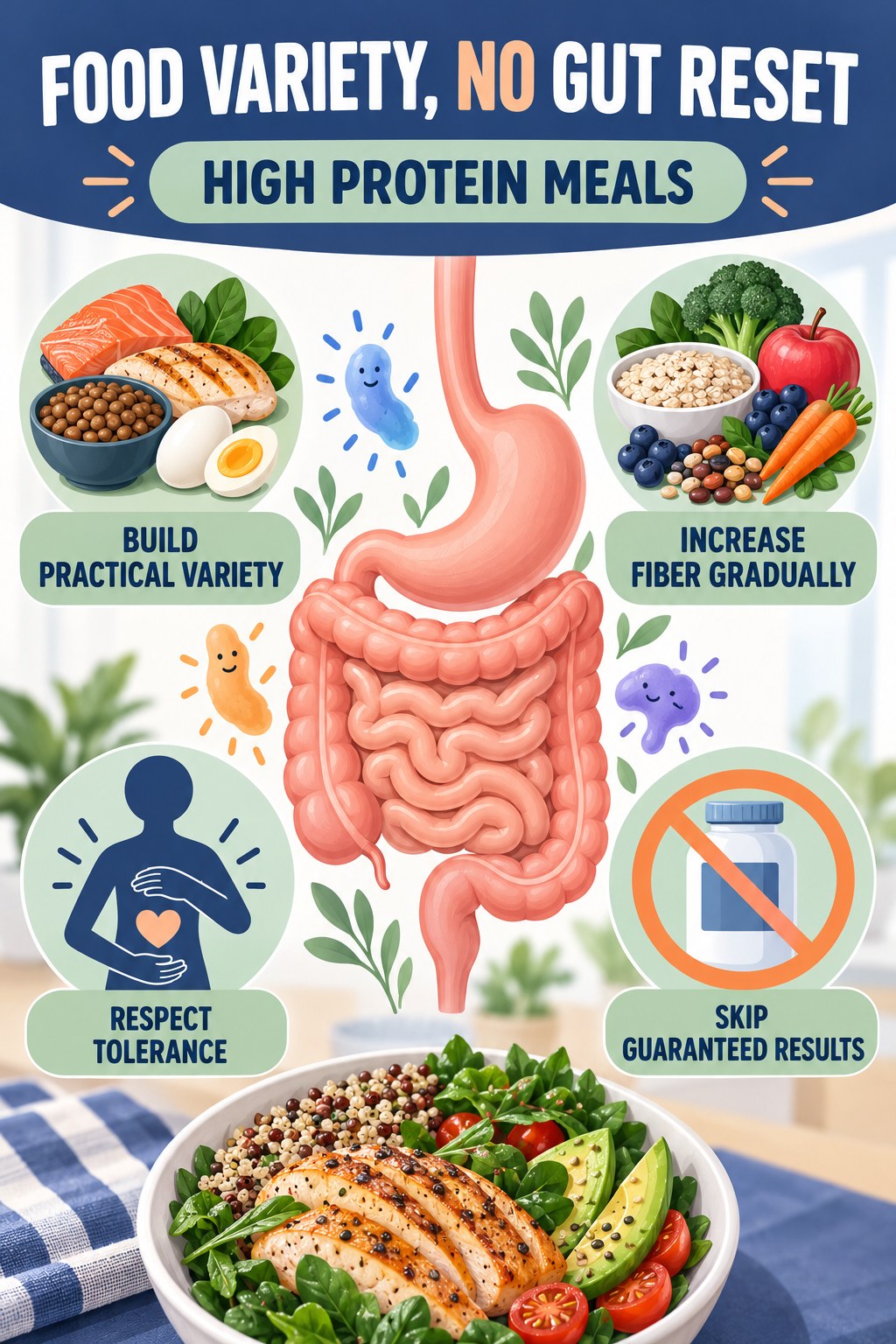 Food Variety Without Gut-Reset Promises educational infographic for High Protein Meals with four evidence-aware points.