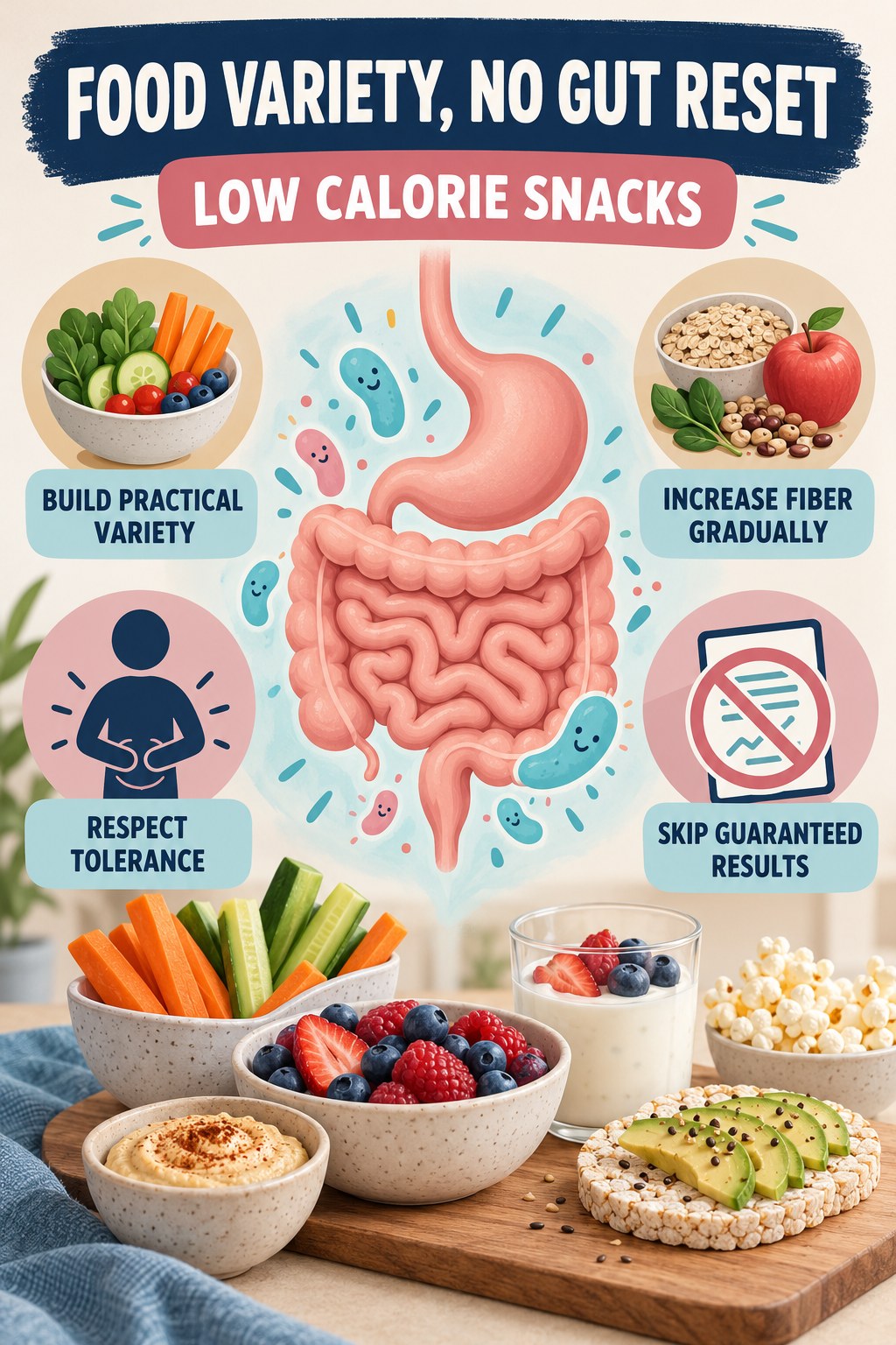 Food Variety Without Gut-Reset Promises educational infographic for Low Calorie Snacks with four evidence-aware points.
