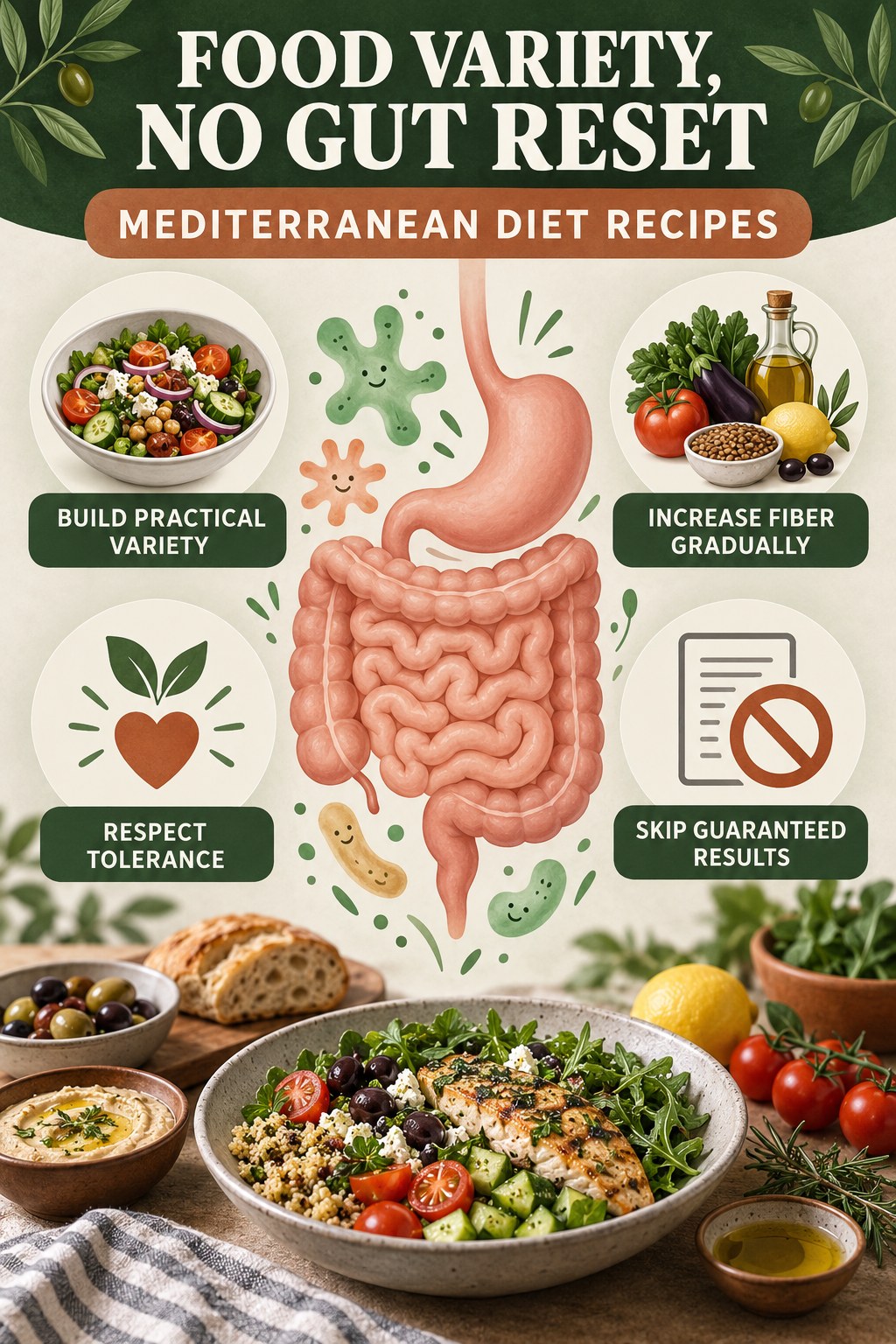 Food Variety Without Gut-Reset Promises educational infographic for Mediterranean Diet Recipes with four evidence-aware points.