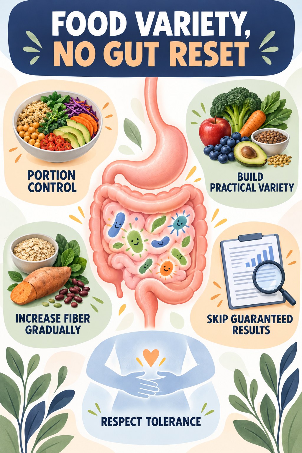 Food Variety Without Gut-Reset Promises educational infographic for Portion Control with four evidence-aware points.