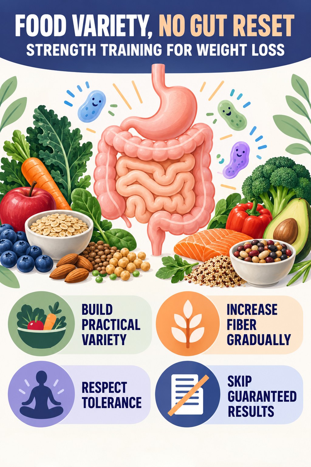 Food Variety Without Gut-Reset Promises educational infographic for Strength Training for Weight Loss with four evidence-aware points.