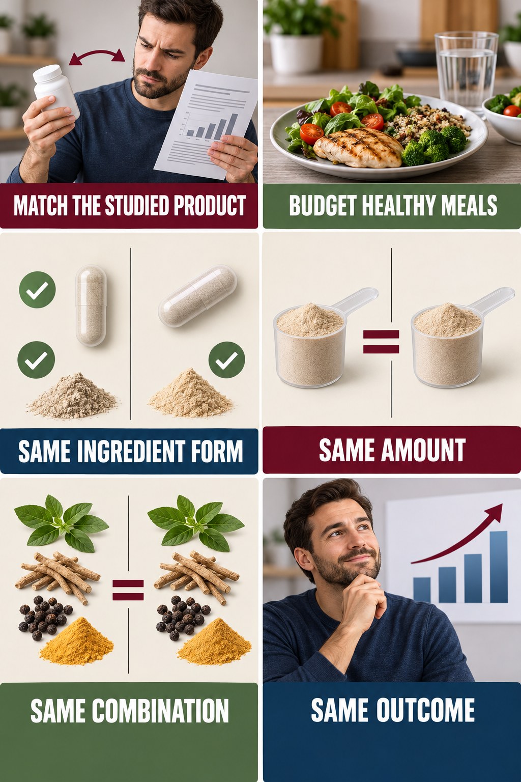 Formulation and Amount Match Matter evidence-literacy infographic for Budget Healthy Meals with four concise claim-evaluation checks.