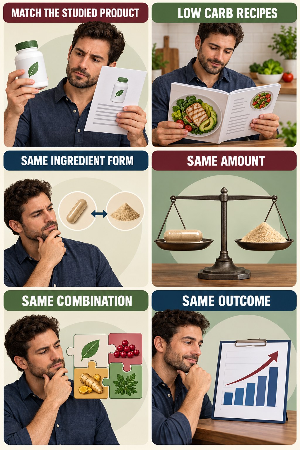 Formulation and Amount Match Matter evidence-literacy infographic for Low Carb Recipes with four concise claim-evaluation checks.