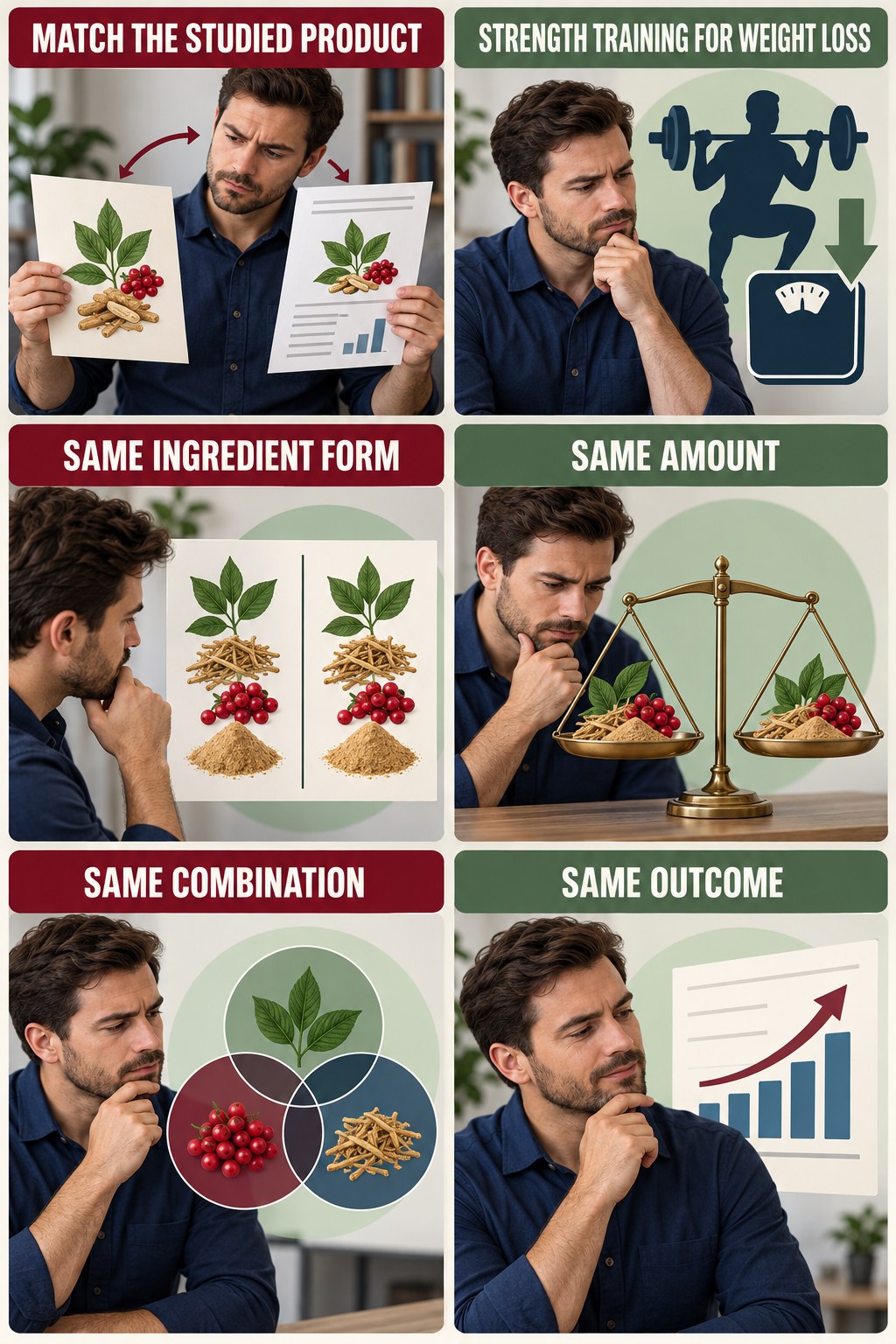 Formulation and Amount Match Matter evidence-literacy infographic for Strength Training for Weight Loss with four concise claim-evaluation checks.