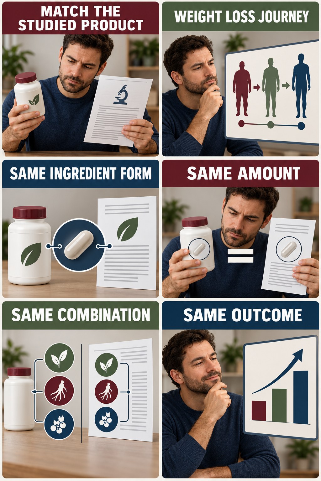 Formulation and Amount Match Matter evidence-literacy infographic for Weight Loss Journey with four concise claim-evaluation checks.