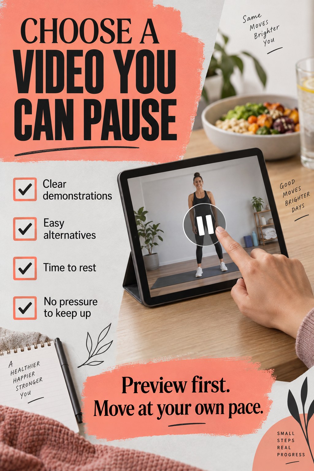 A hand pauses a workout video on a tablet beside four checklist items for choosing a manageable beginner exercise session.