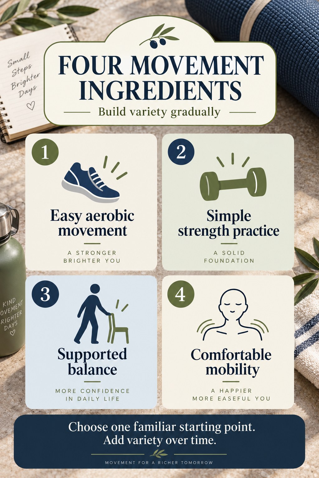 An olive and navy recipe-card-style graphic shows four movement categories above a notebook, towel, and rolled exercise mat.