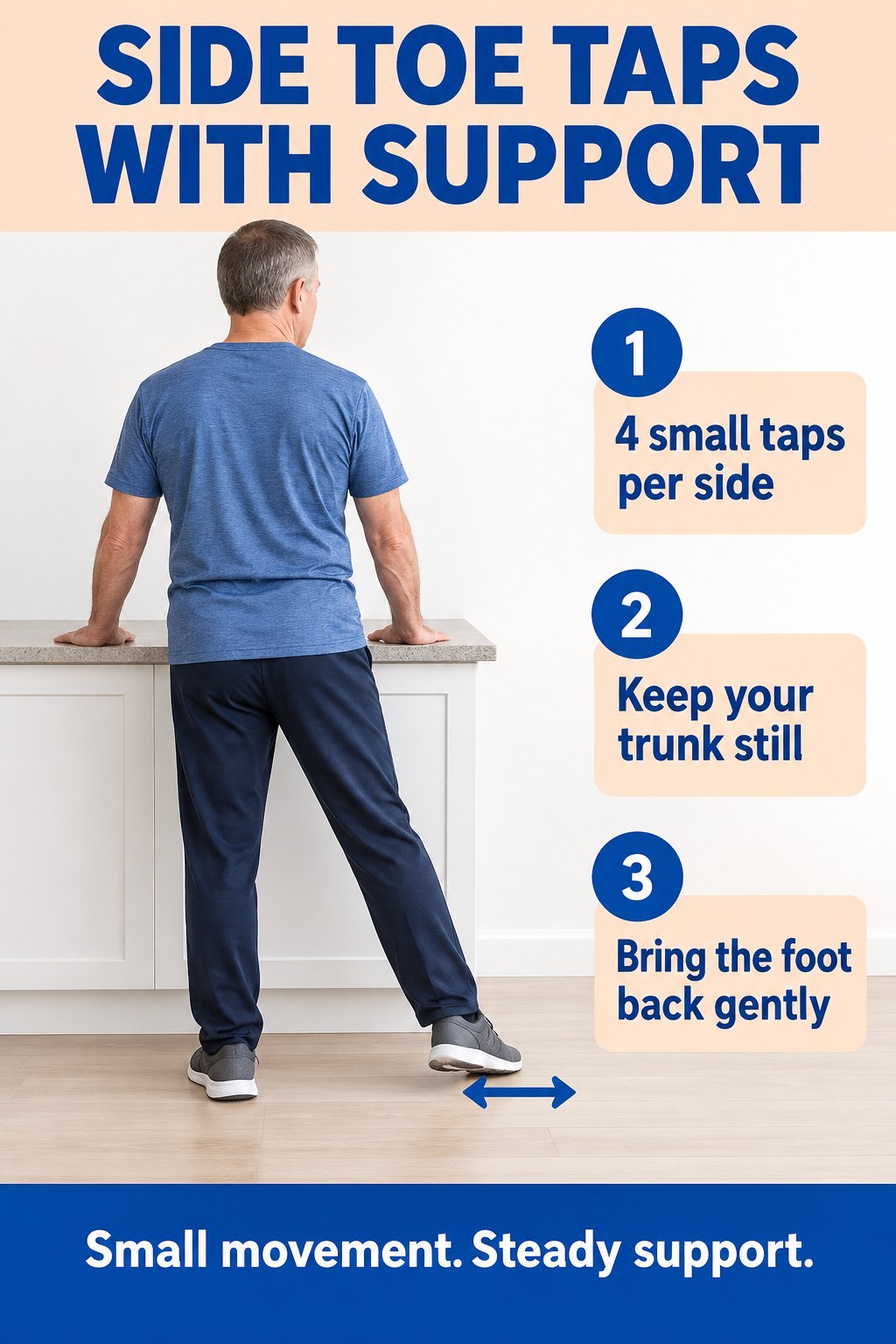 Man holds a fixed counter and taps one foot a short distance sideways beside cobalt and peach beginner exercise cues.
