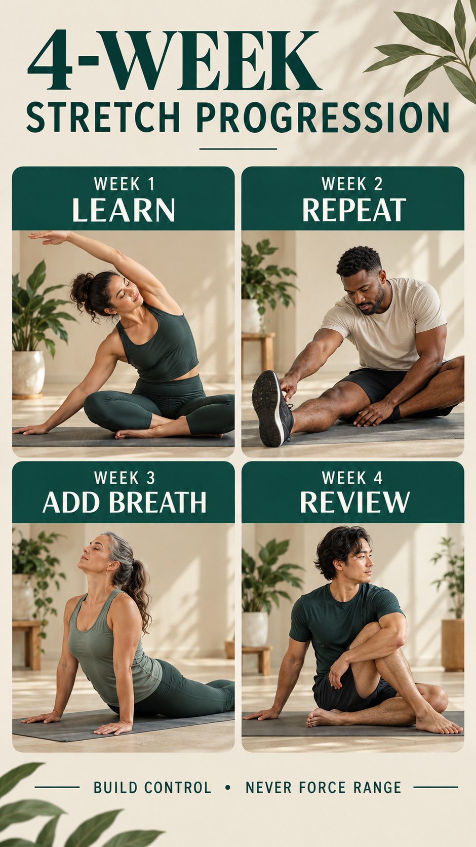 Vertical infographic showing a four-week stretching progression with gradual, comfortable practice
