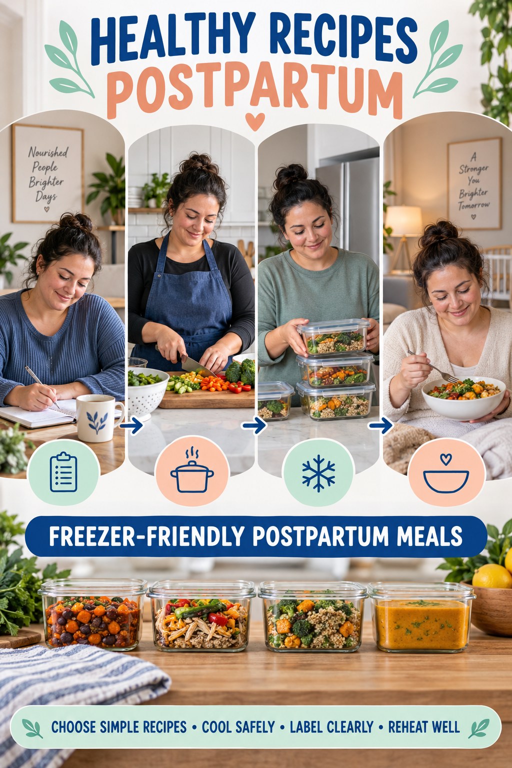 Healthy Recipes postpartum graphic titled Freezer-Friendly Postpartum Meals with four gradual recovery-aware prompts.