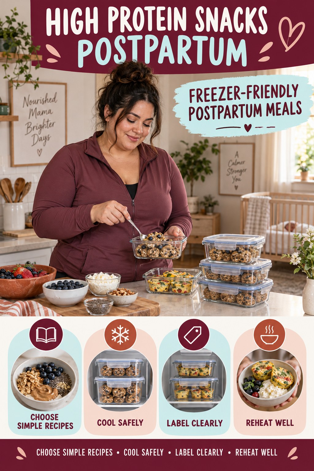 High Protein Snacks postpartum graphic titled Freezer-Friendly Postpartum Meals with four gradual recovery-aware prompts.