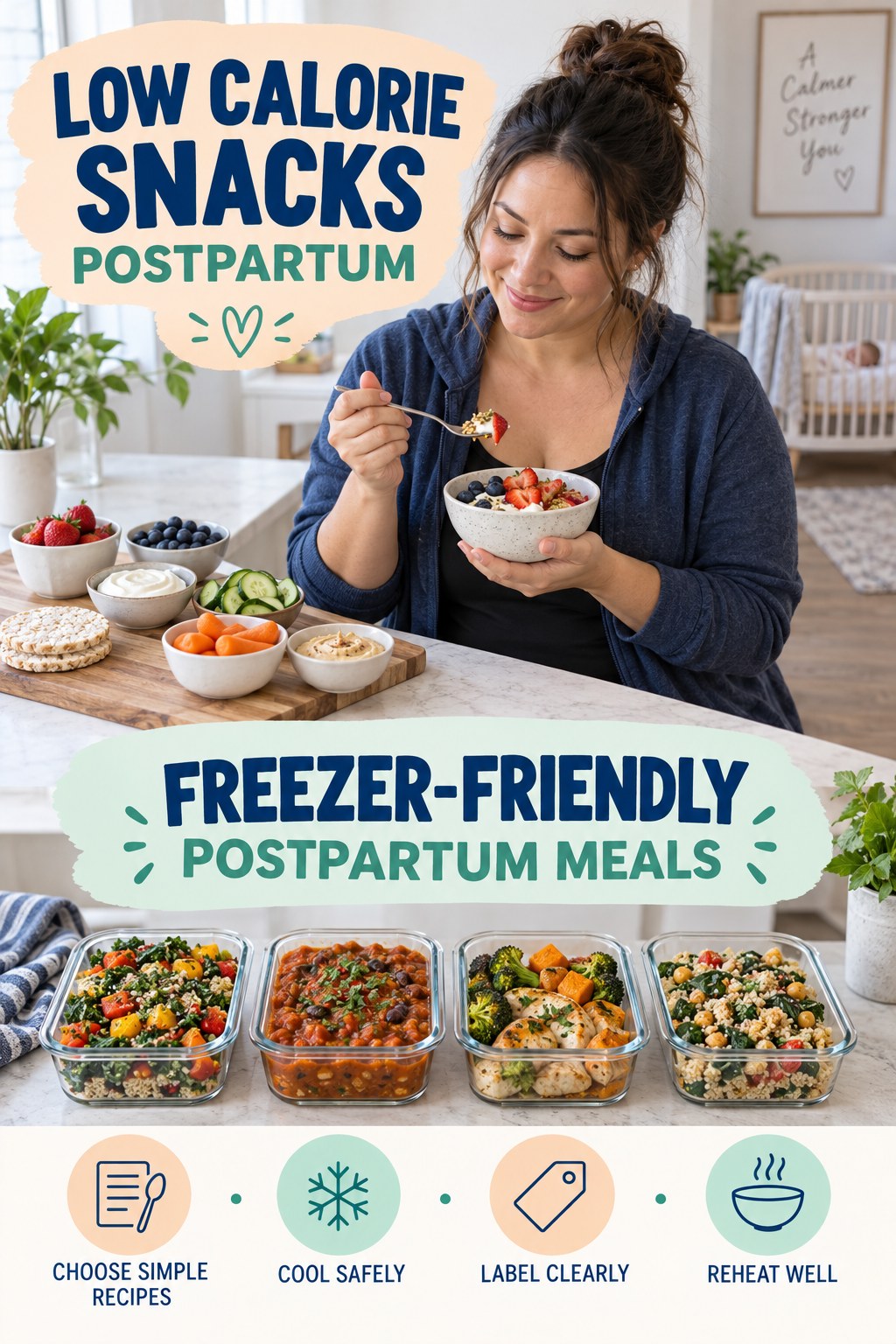 Low Calorie Snacks postpartum graphic titled Freezer-Friendly Postpartum Meals with four gradual recovery-aware prompts.
