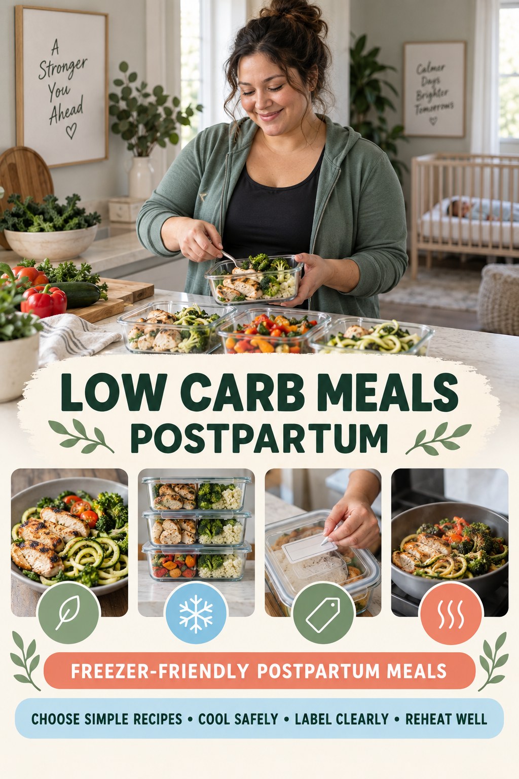 Low Carb Meals postpartum graphic titled Freezer-Friendly Postpartum Meals with four gradual recovery-aware prompts.