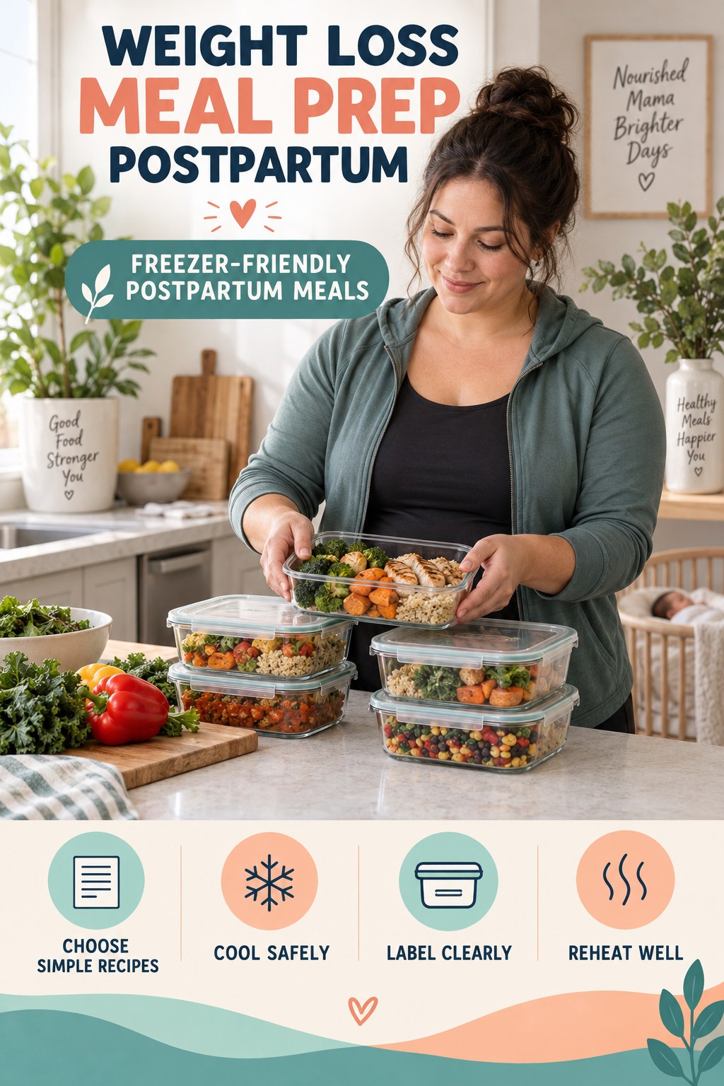 Weight Loss Meal Prep postpartum graphic titled Freezer-Friendly Postpartum Meals with four gradual recovery-aware prompts.