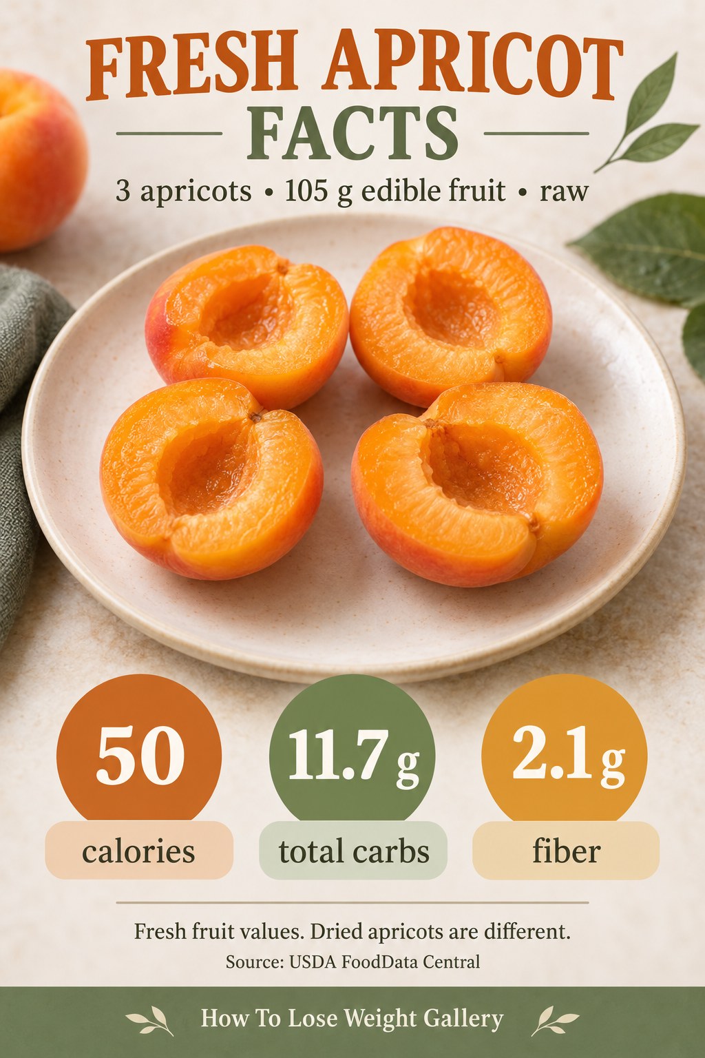 Fresh apricot nutrition card with 50 calories, 11.7 grams total carbs, and 2.1 grams fiber for 105 grams of edible raw fruit.