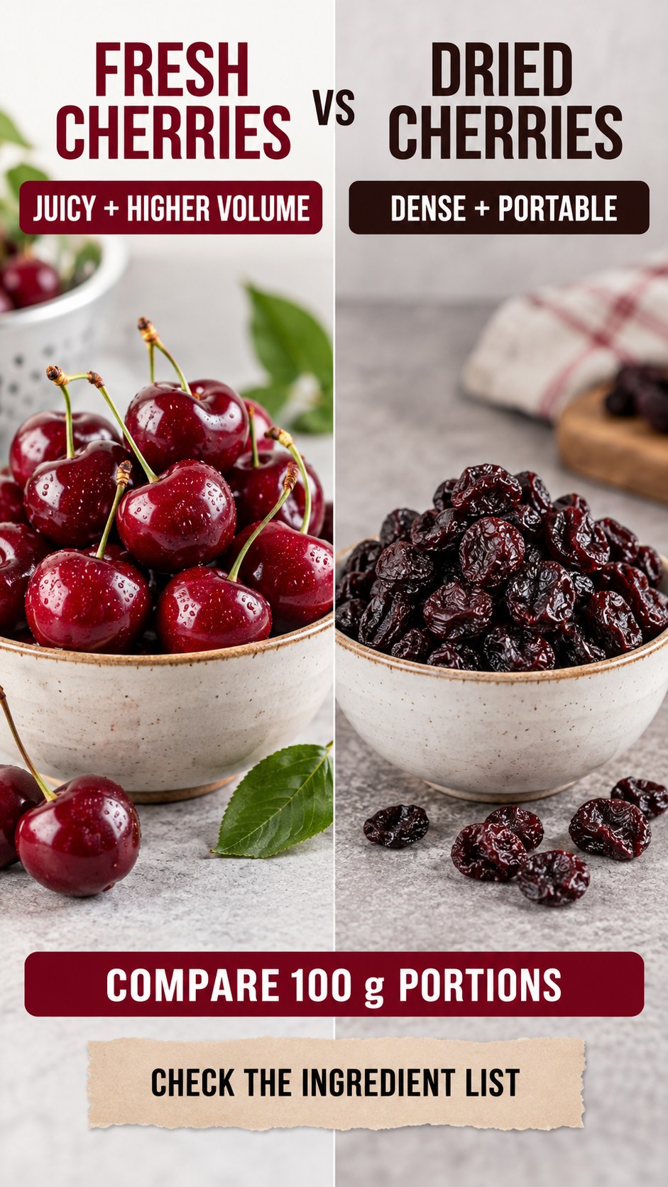 Fresh cherries and dried cherries in equal 100 g edible portions, showing different volume and texture.