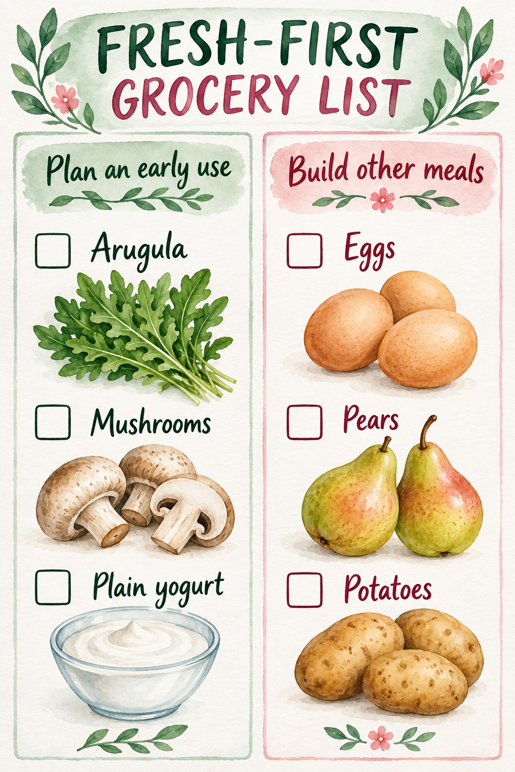 Jade and rose shopping columns listing arugula, mushrooms, yogurt, eggs, pears and potatoes with checkboxes.