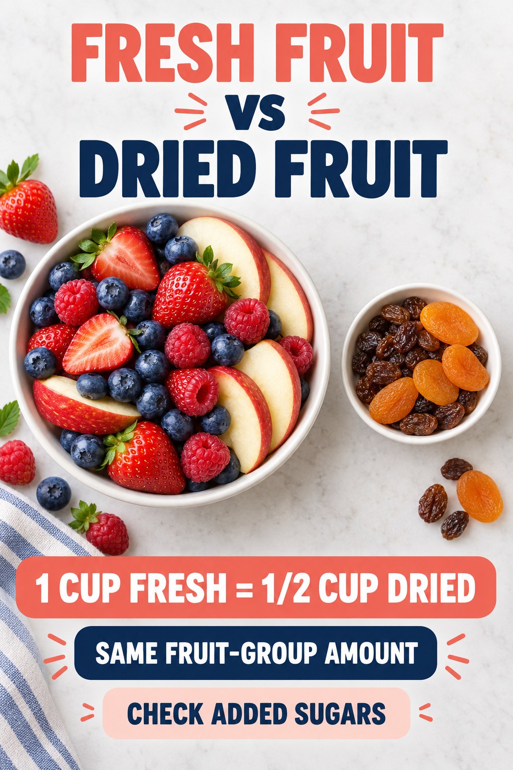 Fresh fruit and unsweetened dried fruit compared fairly using one cup fresh versus one-half cup dried as one fruit-group cup-equivalent.