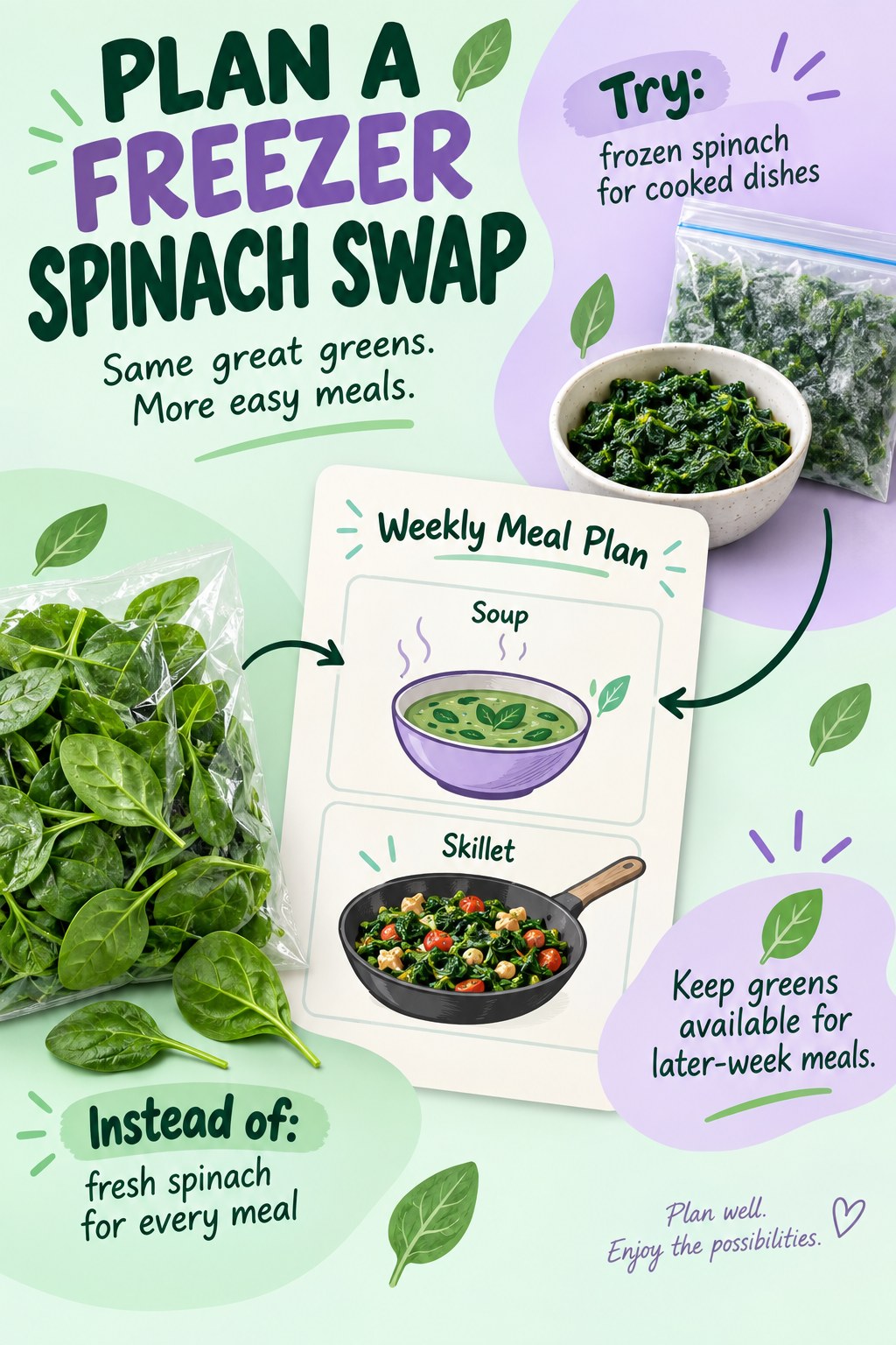 Fresh spinach and frozen spinach linked to soup and skillet drawings on a mint and lilac weekly meal planner.