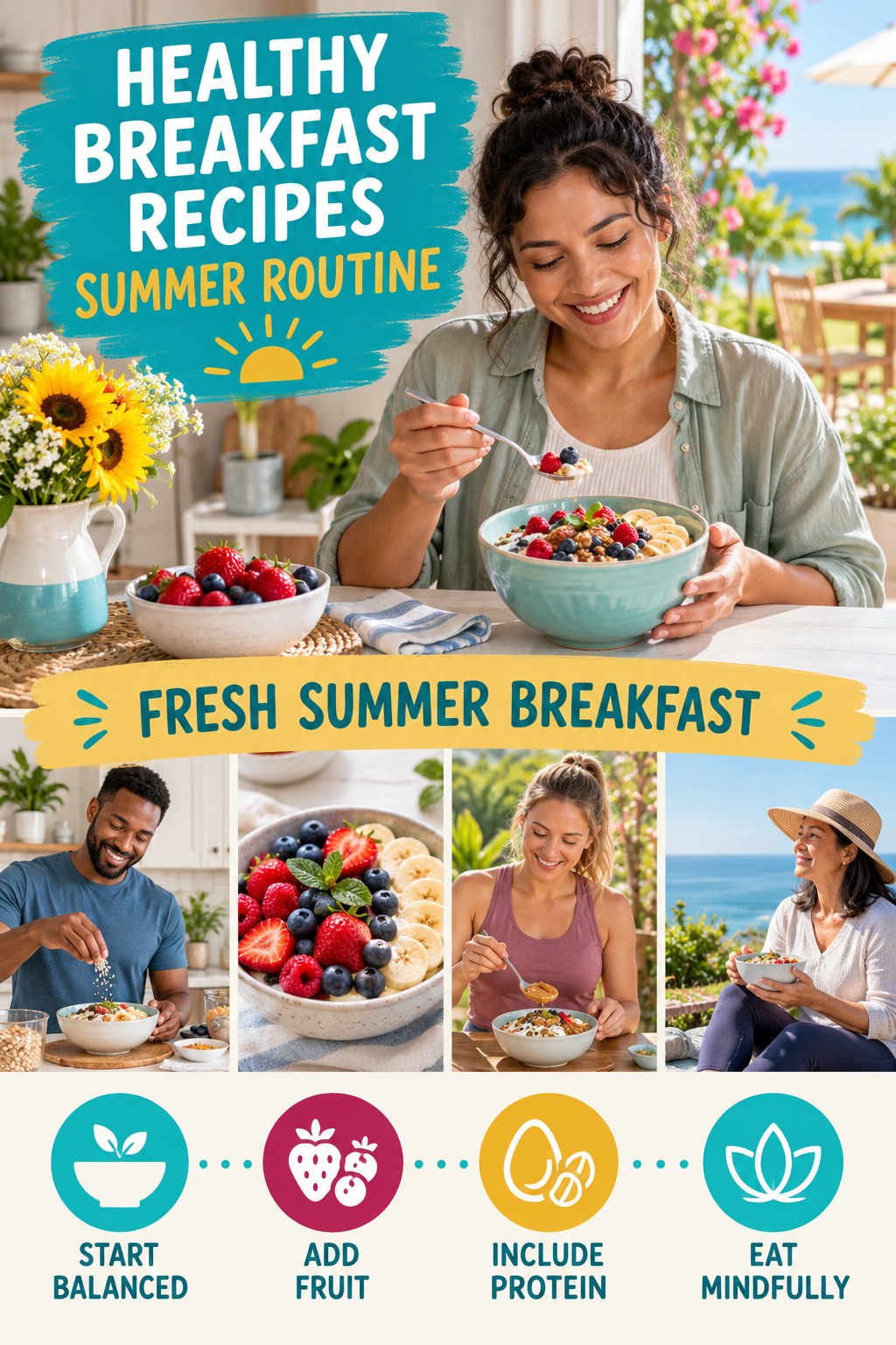 Healthy Breakfast Recipes summer routine graphic titled Fresh Summer Breakfast with four practical wellness prompts.