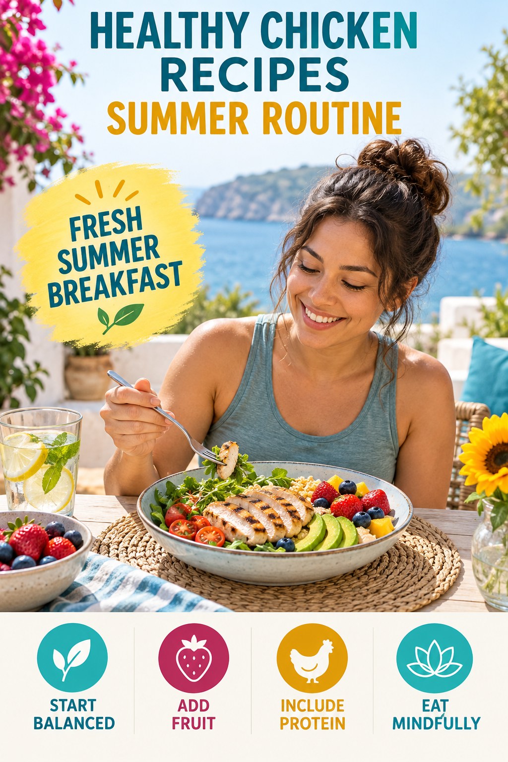 Healthy Chicken Recipes summer routine graphic titled Fresh Summer Breakfast with four practical wellness prompts.