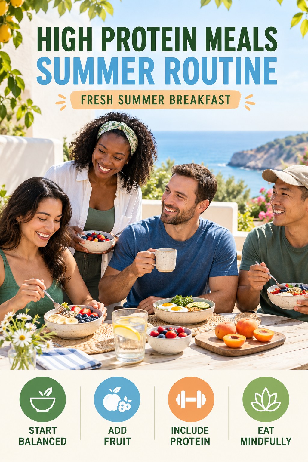 High Protein Meals summer routine graphic titled Fresh Summer Breakfast with four practical wellness prompts.