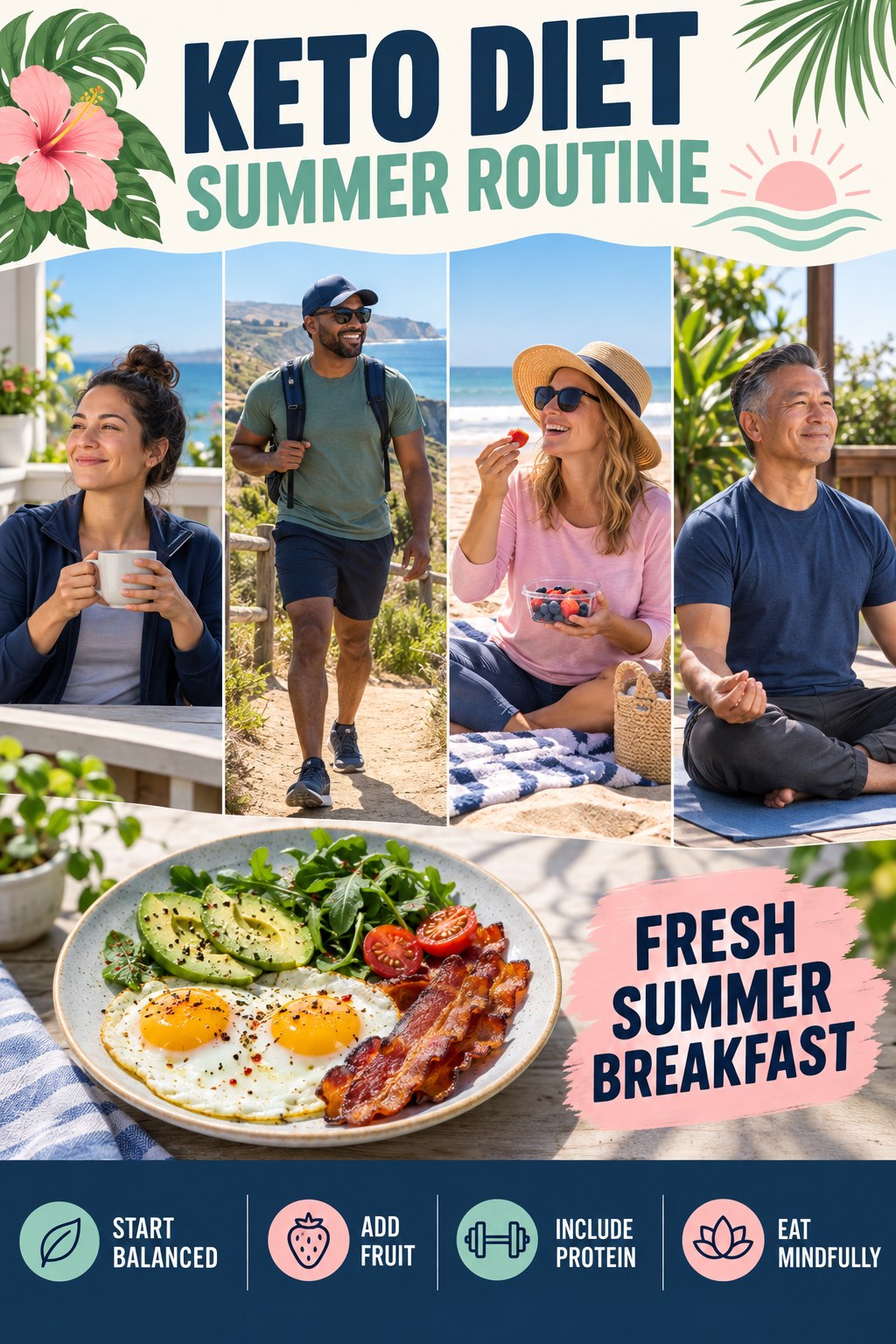 Keto Diet summer routine graphic titled Fresh Summer Breakfast with four practical wellness prompts.