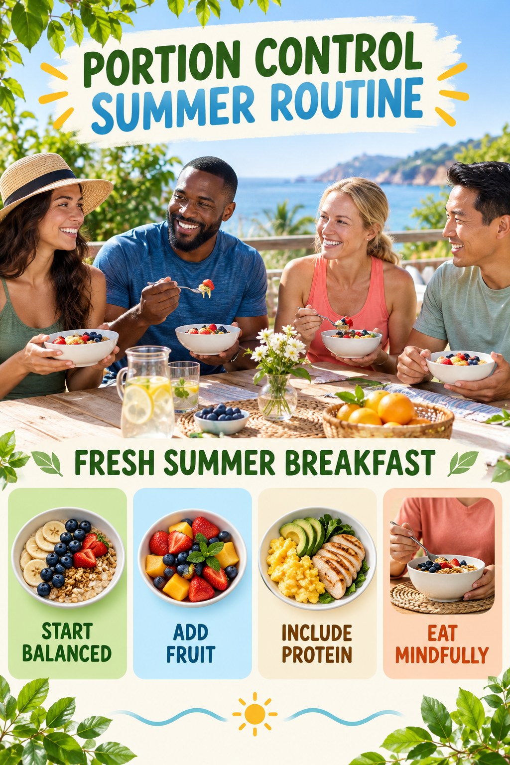 Portion Control summer routine graphic titled Fresh Summer Breakfast with four practical wellness prompts.