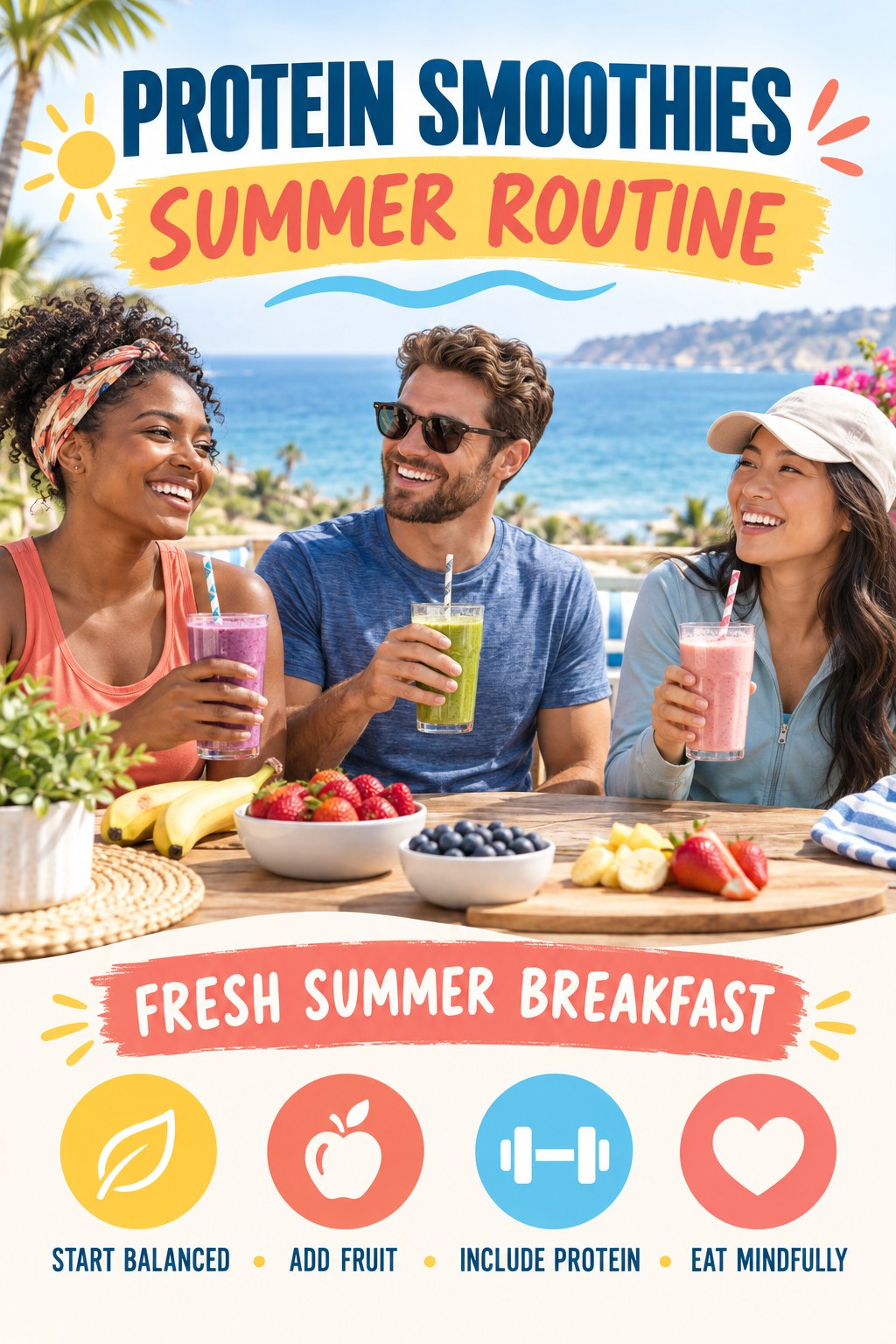 Protein Smoothies summer routine graphic titled Fresh Summer Breakfast with four practical wellness prompts.