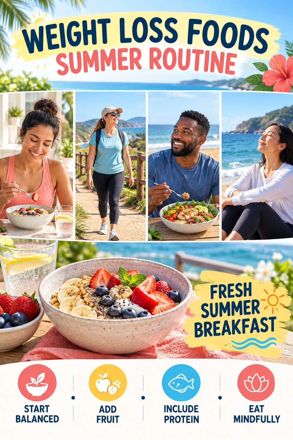 Weight Loss Foods summer routine graphic titled Fresh Summer Breakfast with four practical wellness prompts.