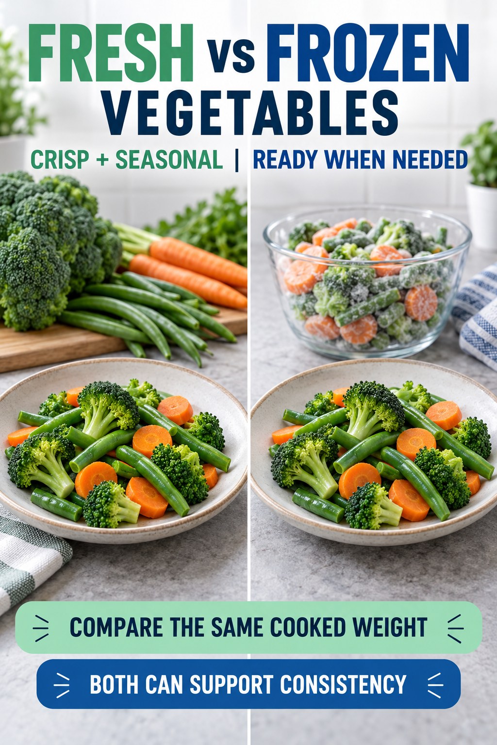 Fresh and frozen vegetables of the same variety in equal cooked portions, compared for texture, convenience, cost, and waste.