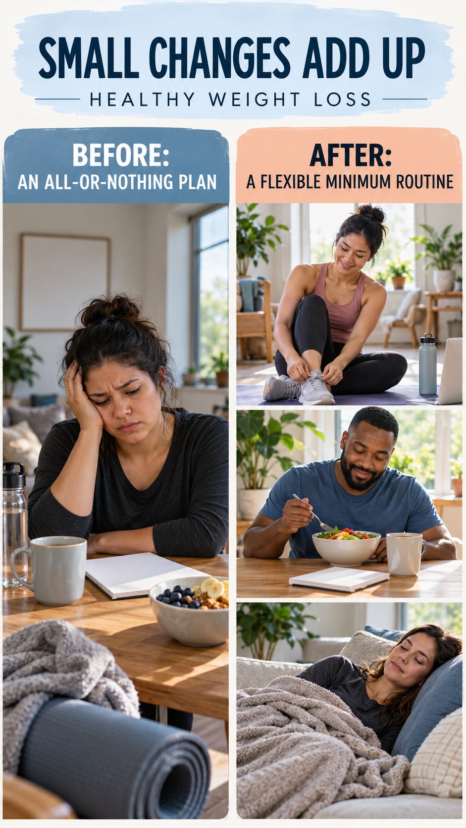 Illustrative before-and-after routine consistency comparison for Healthy Weight Loss, from an all-or-nothing plan to a flexible minimum routine.