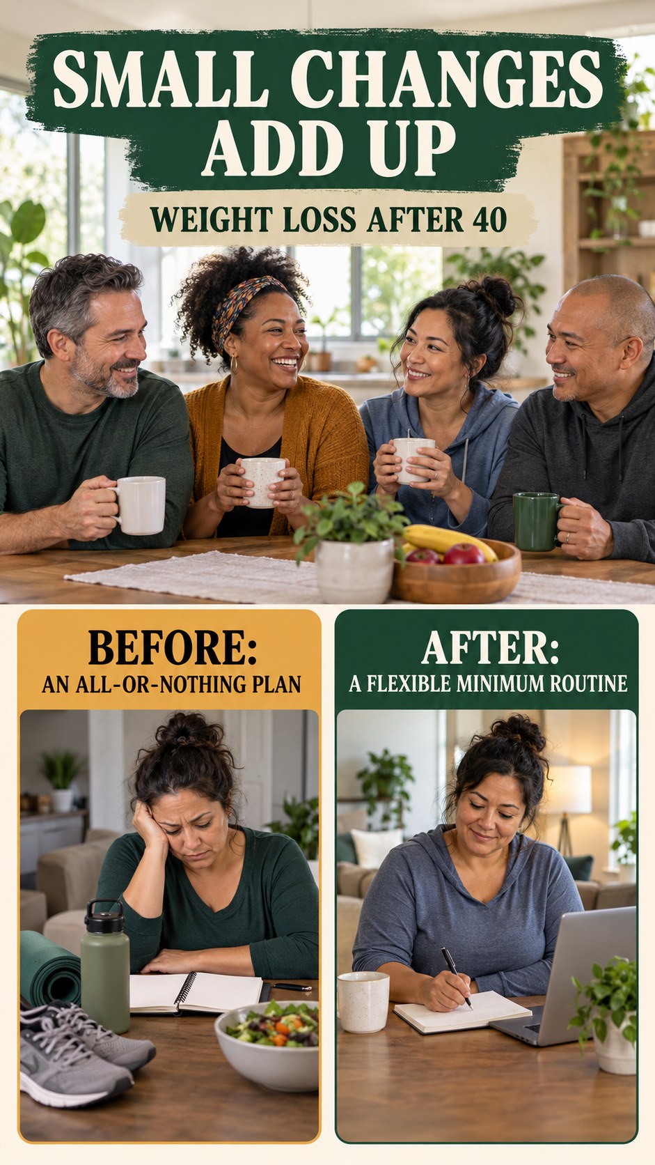 Illustrative before-and-after routine consistency comparison for Weight Loss After 40, from an all-or-nothing plan to a flexible minimum routine.