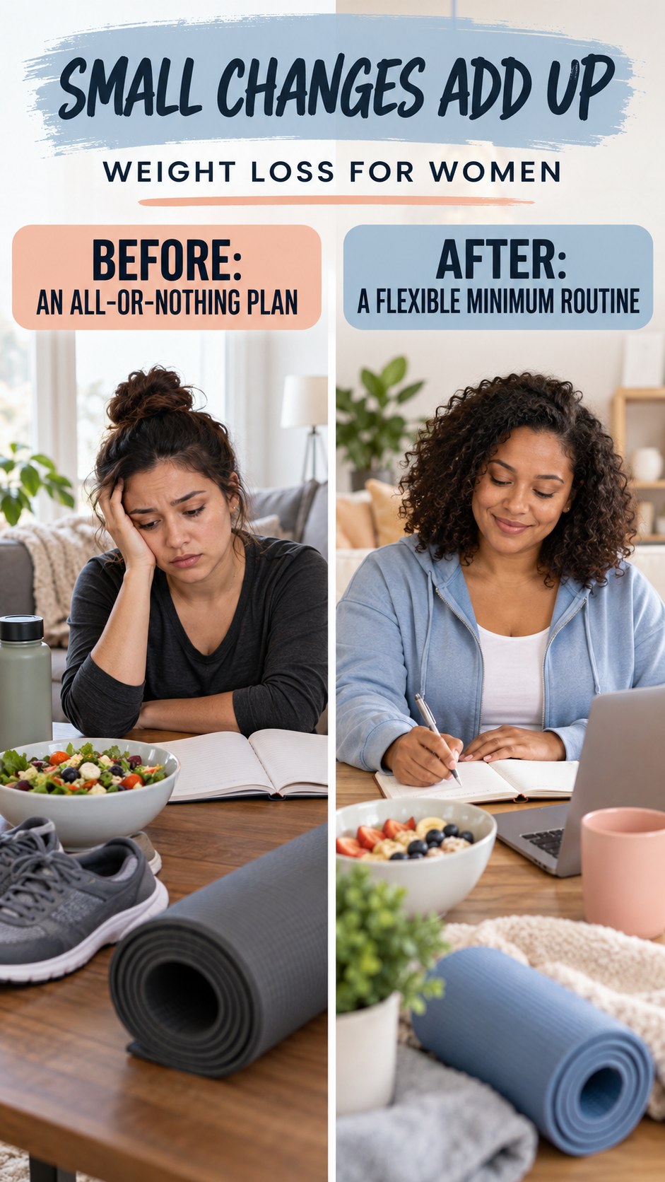 Illustrative before-and-after routine consistency comparison for Weight Loss for Women, from an all-or-nothing plan to a flexible minimum routine.