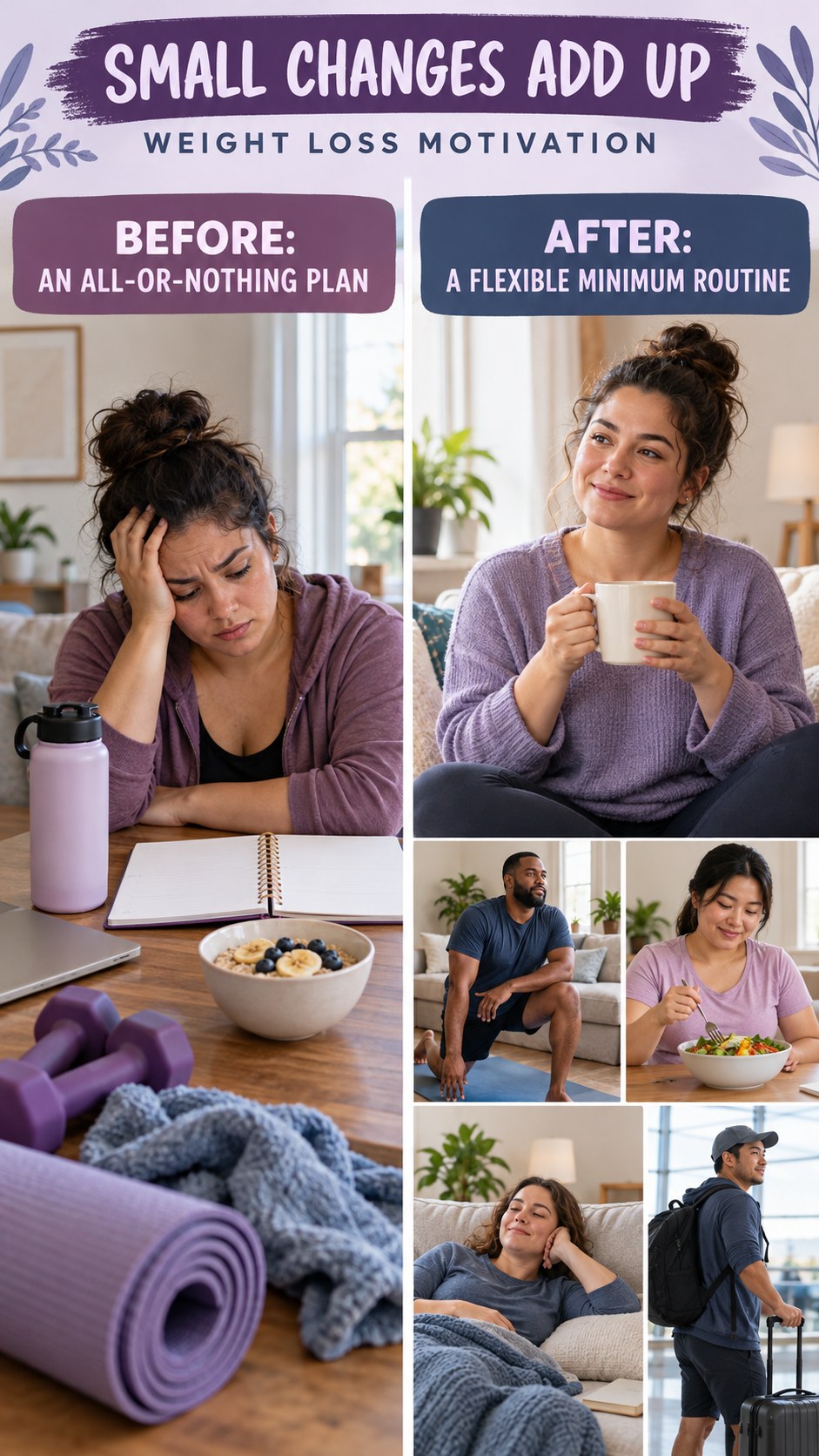 Illustrative before-and-after routine consistency comparison for Weight Loss Motivation, from an all-or-nothing plan to a flexible minimum routine.